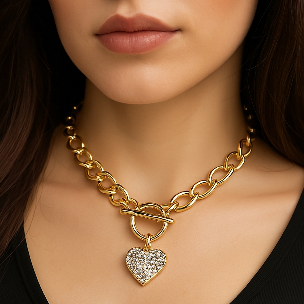 Dazzling Crystal Heart Pendant 20-inch Necklace - Gold Women's Fashion Jewelry